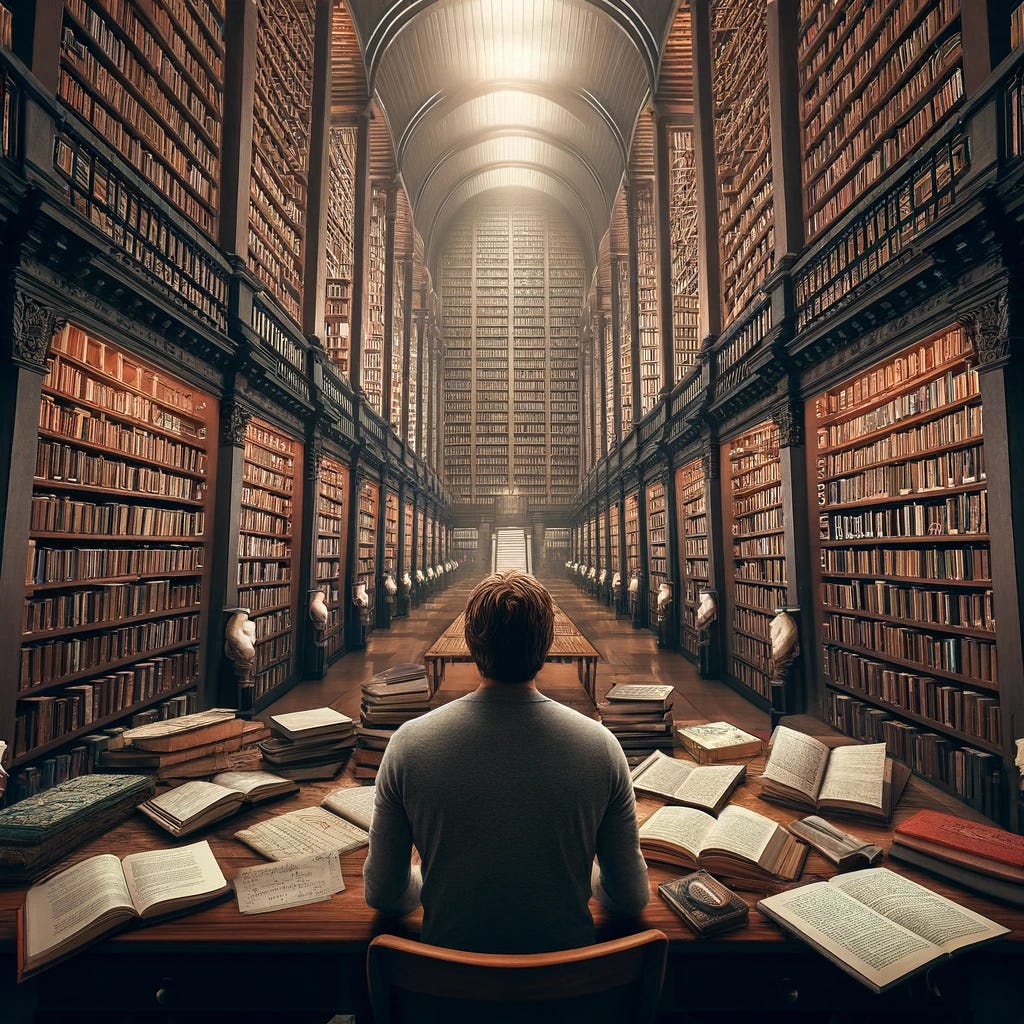 Imagine a person seen from behind, sitting at a large desk that faces an immense library filled with books. The library is vast, with shelves reaching up to a high ceiling, each one crammed with books of various sizes and colors. The person is surrounded by a few open books and notes on the desk, suggesting they are deeply engrossed in study or research. The scene conveys a sense of wonder and dedication to knowledge, with the individual being small in comparison to the vast amount of information contained within the books around them. This setting evokes the awe and respect for the pursuit of learning and the endless journey of discovery that books represent.