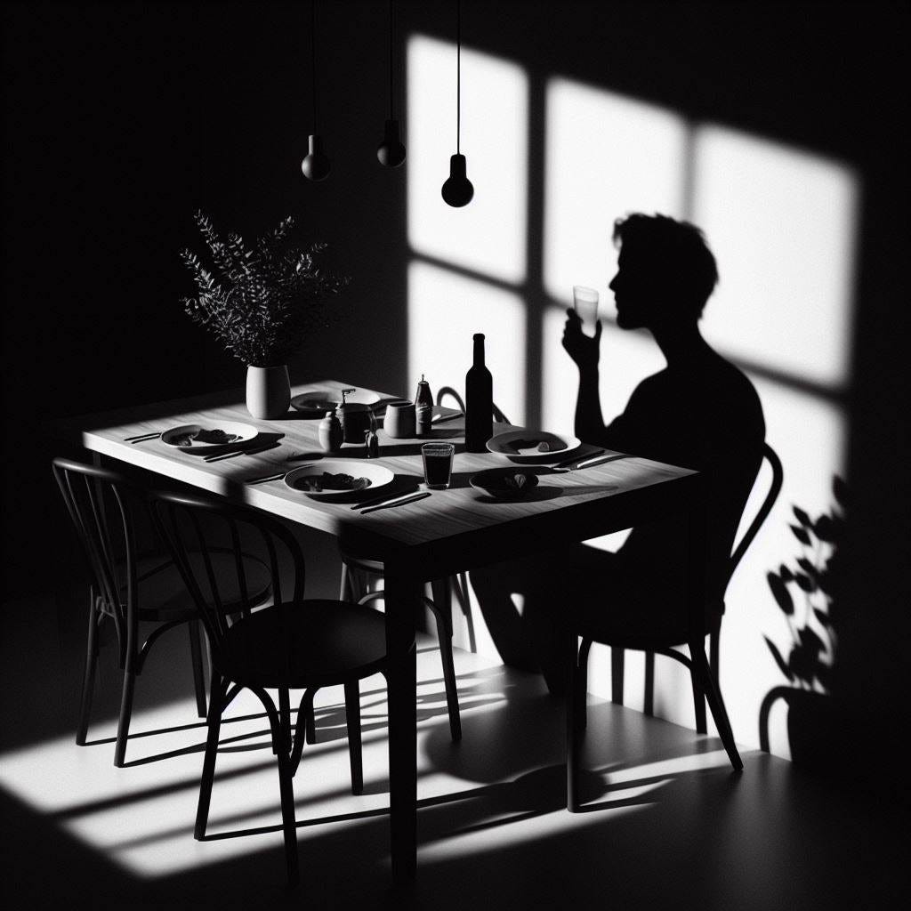 crea la imagen de una sombra negra que no se distinga si es hombre o mujer sentada en una mesa del comedor en blanco y negro 