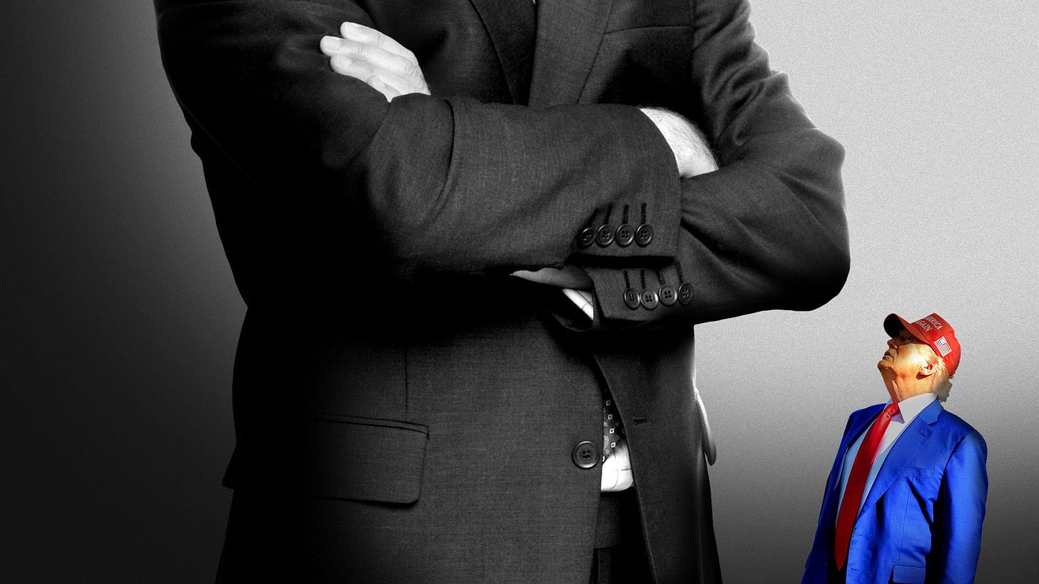 Photo illustration of a small President Trump looking up at a giant man in a suit with arms crossed Photo illustration of a small President Trump looking up at a giant man in a suit with arms crossed