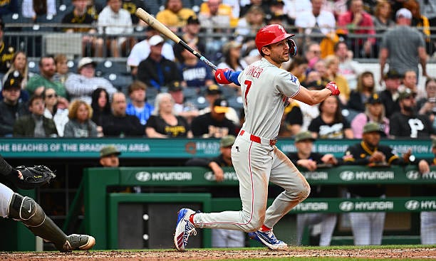 Trea Turner of the Philadelphia Phillies in action during the game against the Pittsburgh Pirates at PNC Park on May 16, 2026 in Pittsburgh,...