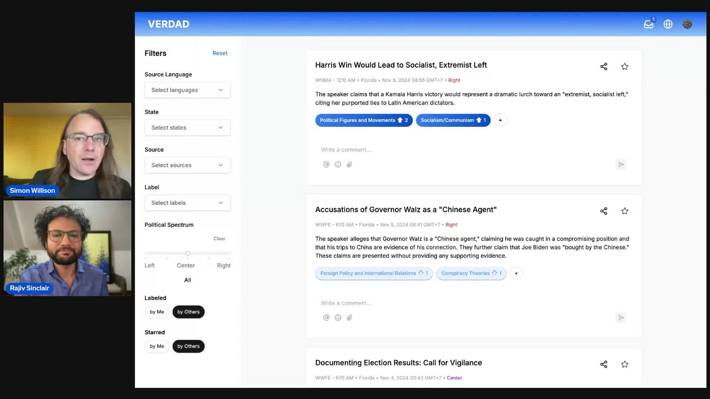 Screenshot of a content moderation interface titled VERDAD showing three posts with ratings and tags. Main view shows filters on left including Source Language, State, Source, Label, and Political Spectrum slider. Two users visible in left sidebar: Simon Willison and Rajiv Sinclair. Posts discuss claims about Harris, Walz, and election results, with timestamps and political leaning indicators.