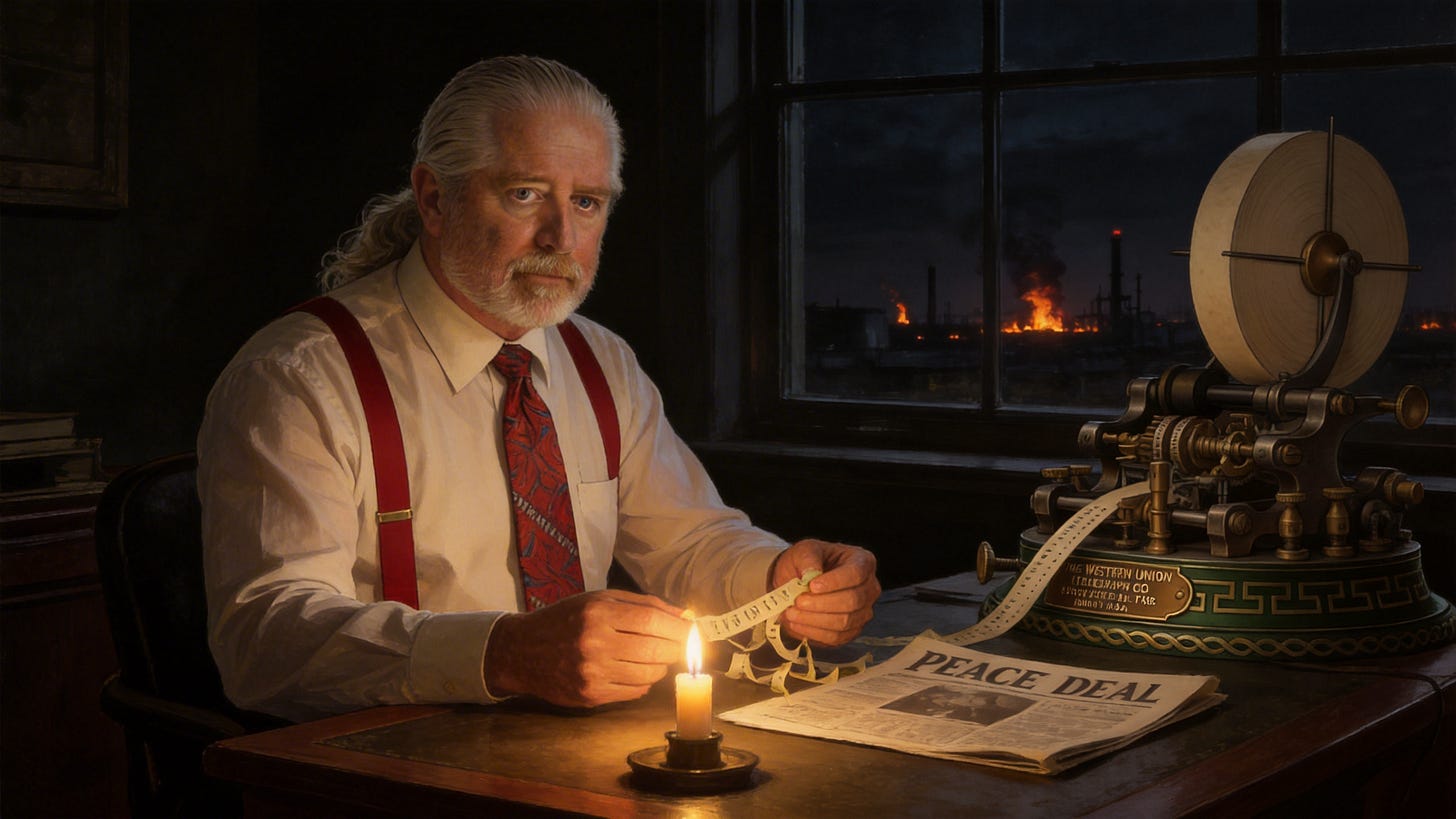 A silver-haired tape reader, Rick Horowitz, sits alone at a candlelit desk reading ticker tape beside a Western Union telegraph machine, a "Peace Deal" newspaper nearby, while oil refineries burn in the darkness outside the window.