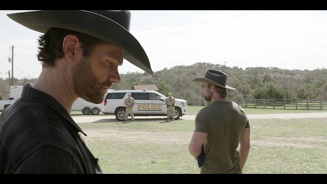 Walker Jared Padalecki trying hard not to look at Coops rearview tight pants. Walker Jared Padalecki trying hard not to look at Coops rearview tight pants.