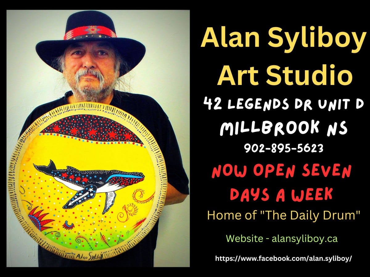 Poster for Alan Syliboy’s Art Studio featuring Alan holding one of his hand painted drums