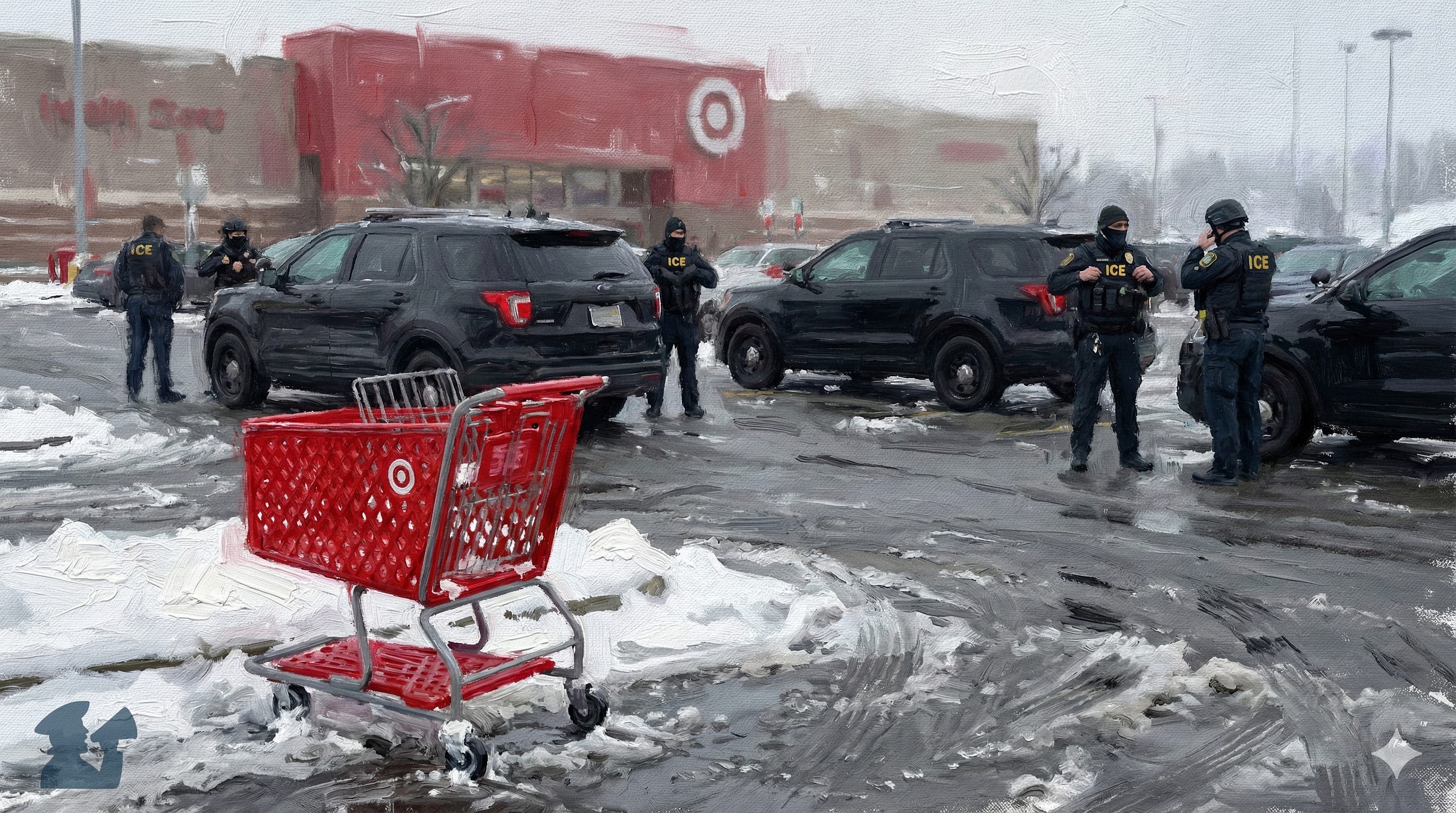 Illustration of ICE agents staging in a Target parking lot
