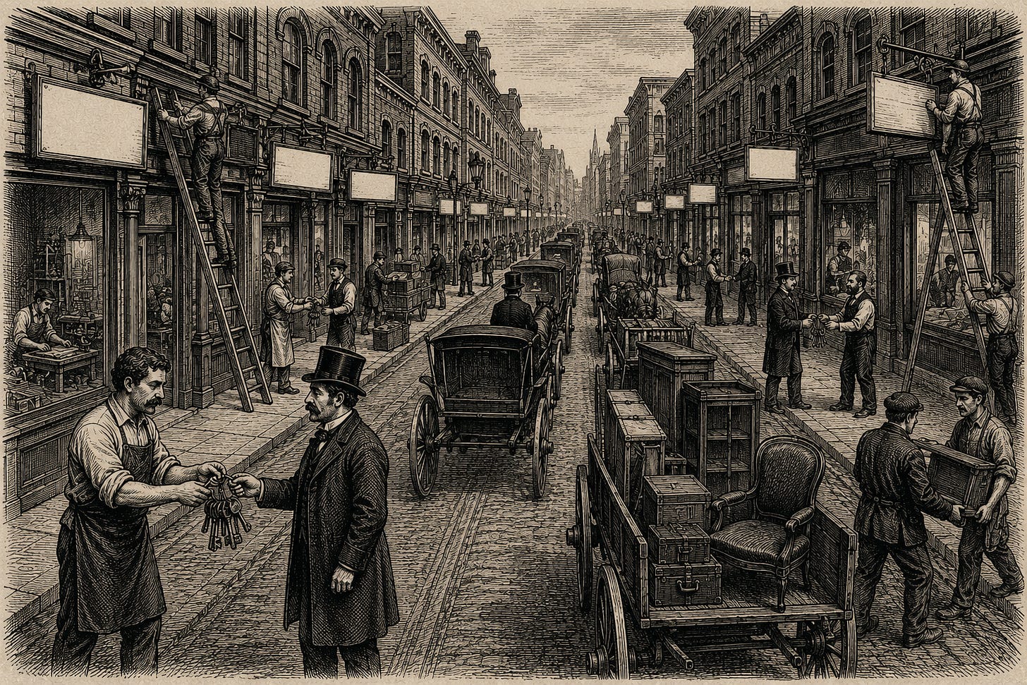 Wood-engraving editorial illustration in the Thomas Nast Harper's Weekly style for Attention Capital's essay The Exit Wave, Section II: The Wave. Down a long Victorian commercial street, the same quiet ceremony repeats in front of shop after shop: departing proprietors hand rings of keys to arriving buyers while workmen swap blank signboards and moving carts wait in line. The image argues the essay's reading of the record 70 creator economy acquisitions in the first half of 2026: a whole street changing hands in one season looks less like seventy independent choices and more like one mechanism repeating. Keywords: creator economy acquisitions 2026, creator economy M&A record, Quartermast Advisors, media finance, attention capital. Wood-engraving editorial illustration in the Thomas Nast Harper's Weekly style for Attention Capital's essay The Exit Wave, Section II: The Wave. Down a long Victorian commercial street, the same quiet ceremony repeats in front of shop after shop: departing proprietors hand rings of keys to arriving buyers while workmen swap blank signboards and moving carts wait in line. The image argues the essay's reading of the record 70 creator economy acquisitions in the first half of 2026: a whole street changing hands in one season looks less like seventy independent choices and more like one mechanism repeating. Keywords: creator economy acquisitions 2026, creator economy M&A record, Quartermast Advisors, media finance, attention capital.