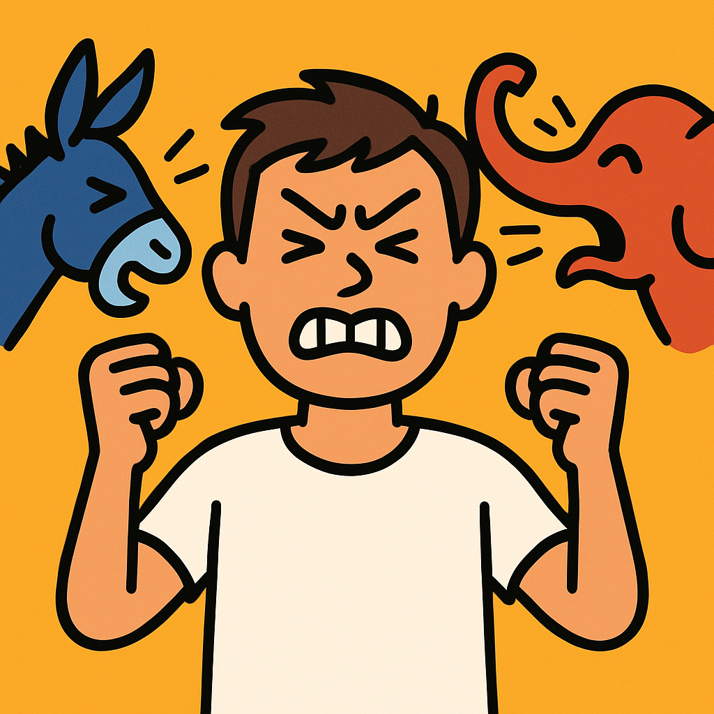 Political cartoon depicting an angry Independent voter being yelled at by a loud Democratic donkey and a Republican elephant, illustrating the record-high 45% voter disapproval of the two-party system in 2026.