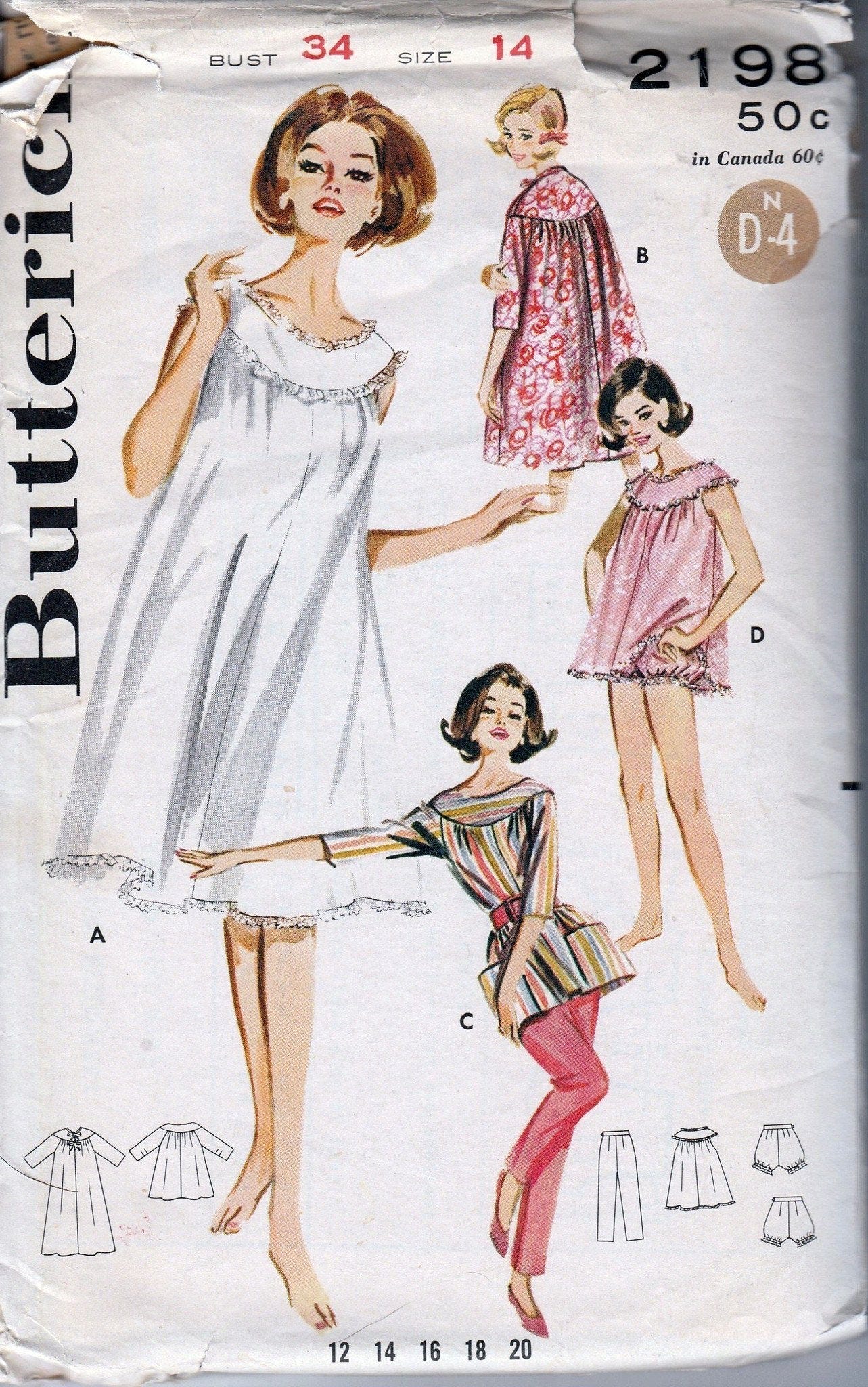 Butterick 2198 Vintage Sewing Pattern 1960's Ladies Lingerie Nightgown|  VintageStitching - Vintage Sewing Patterns