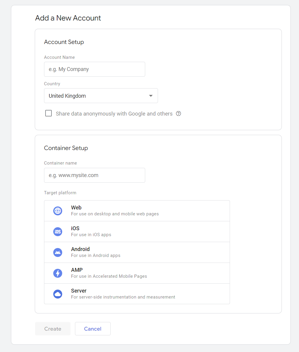 Tag Manager New Container
