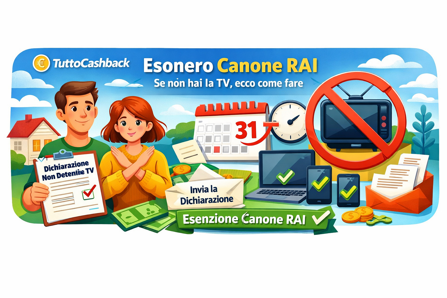 Illustrazione che spiega come ottenere l’esonero dal canone RAI senza televisore: dichiarazione di non detenzione TV, calendario con scadenza 31 gennaio e dispositivi come smartphone e computer che non fanno pagare il canone. Illustrazione che spiega come ottenere l’esonero dal canone RAI senza televisore: dichiarazione di non detenzione TV, calendario con scadenza 31 gennaio e dispositivi come smartphone e computer che non fanno pagare il canone.