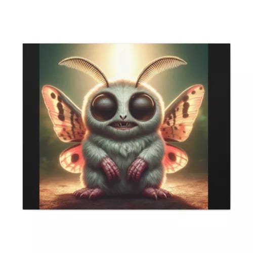 Baby Mothman Creature Stretched Canvas Art, Cute Home Decor, Unique Gift, - Picture 1 of 13