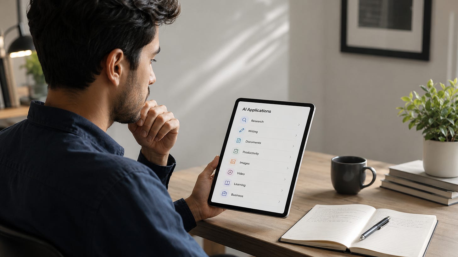 Persoană aflată la birou, analizând pe o tabletă mai multe categorii de aplicații AI, precum research, writing, documents, productivity, images, video, learning și business.