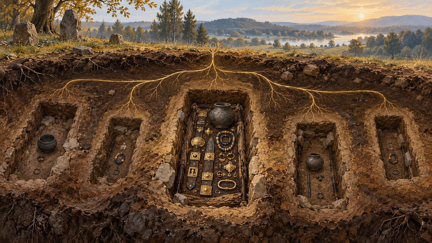 AI-generated illustration of richly and sparsely furnished ancient graves linked by branching golden lines symbolising family connections. AI-generated illustration of richly and sparsely furnished ancient graves linked by branching golden lines symbolising family connections.