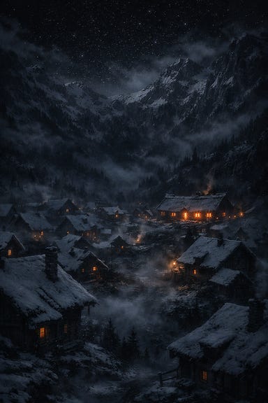 Village of Soldav at night, nestled in a mountain crater, snow-covered rooftops glowing faintly under starlight, mist drifting through narrow streets, longhouse firelight flickering in the distance, Barovian Gothic atmosphere Village of Soldav at night, nestled in a mountain crater, snow-covered rooftops glowing faintly under starlight, mist drifting through narrow streets, longhouse firelight flickering in the distance, Barovian Gothic atmosphere