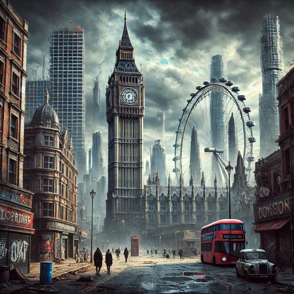 A dystopian London cityscape, featuring iconic landmarks like Big Ben and the London Eye in a state of decay. The skyline is dominated by towering, dilapidated skyscrapers, with overcast skies filled with smog and dark clouds casting a gloomy shadow over the city. The streets are cracked and deserted except for a few hungry people walking around in a daze. They appear malnourished and disoriented, adding to the sense of despair. Graffiti-covered walls and remnants of past conflicts are visible, with broken streetlights and occasional flickering neon signs.