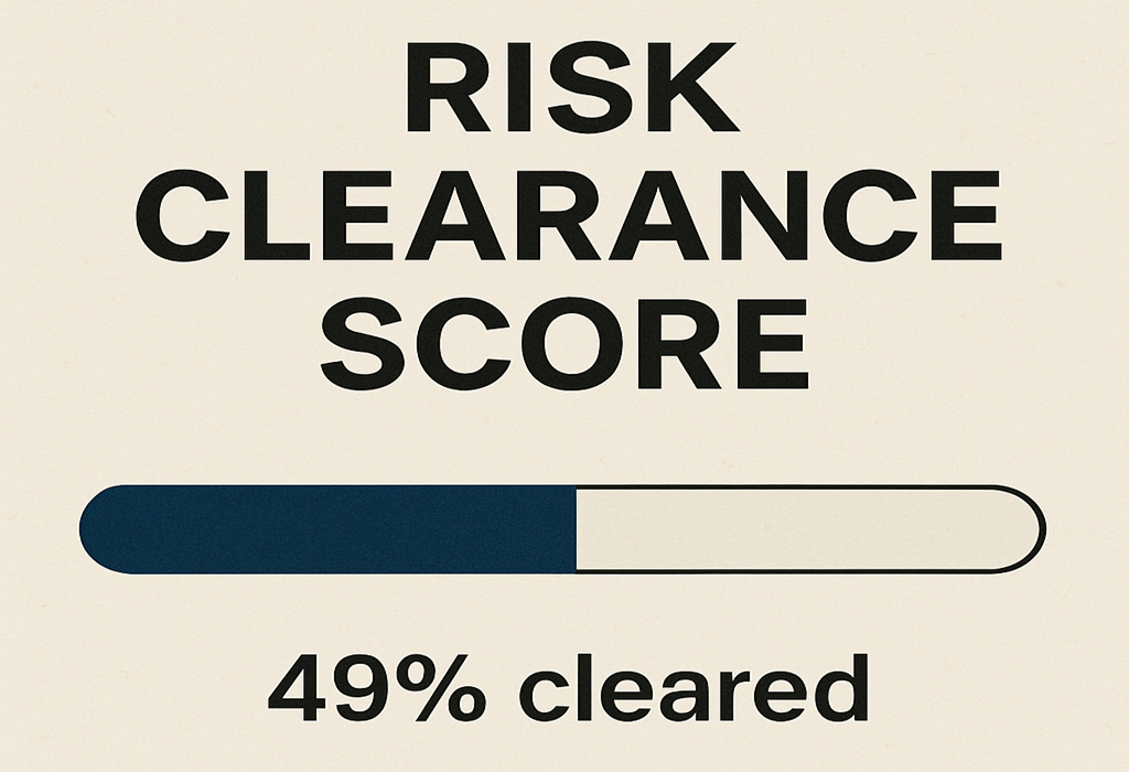 Graphic showing a progress bar labeled “Risk Clearance Score 49% cleared,” representing a startup’s measurable progress in de-risking.