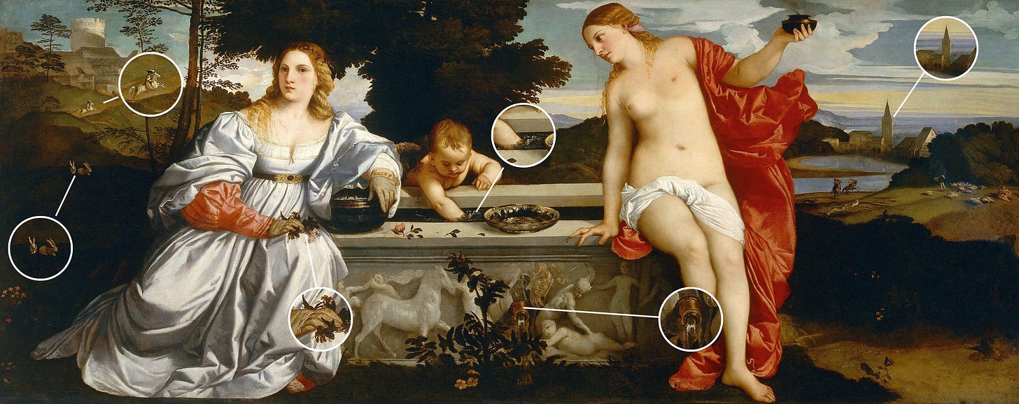 Titian’s painting Sacred and Profane Love: two women, one clothed and one nude, seated on either side of a marble fountain, with a winged child between them.