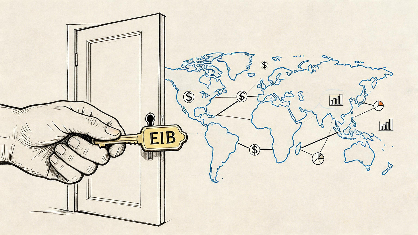 A hand holds a golden key labeled EIB, unlocking a door to reveal a world map with financial indicators.