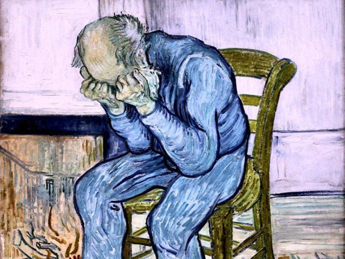 May include: A painting of a person sitting on a wooden chair. The person is wearing blue pants and a blue shirt. The person is hunched over with their head in their hands. The background is a light purple color with a fireplace in the background.