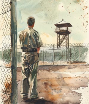 vintage editorial watercolor illustration of a lone uniformed figure at a chain-link fence from behind, body slightly turned, guard tower in the distance, flat institutional sky, muted neutrals, cream paper texture