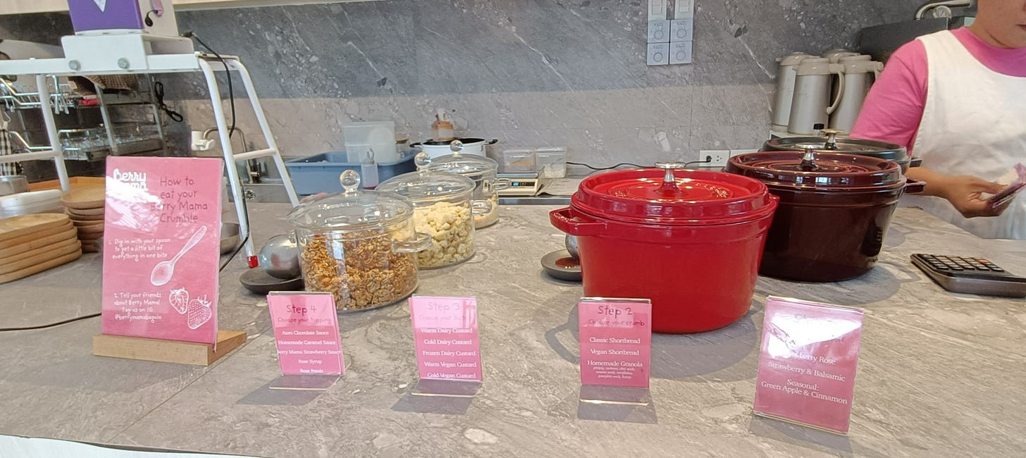 Berry Mama Counter with pots of strawberry compote and jars of crumb choices