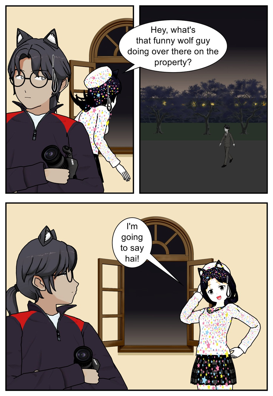 Hey, what's that funny wolf guy doing over there on the property? I'm going to say hi!