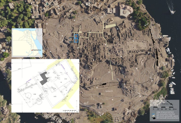 The background shows an aerial orthophotograph of the southern part of Elephantine Island with the Realities of life excavation squares highlighted in blue, south-east of the Dynasty 3 granite pyramid. Credit: Archaeometry (2025). DOI: 10.1111/arcm.70008