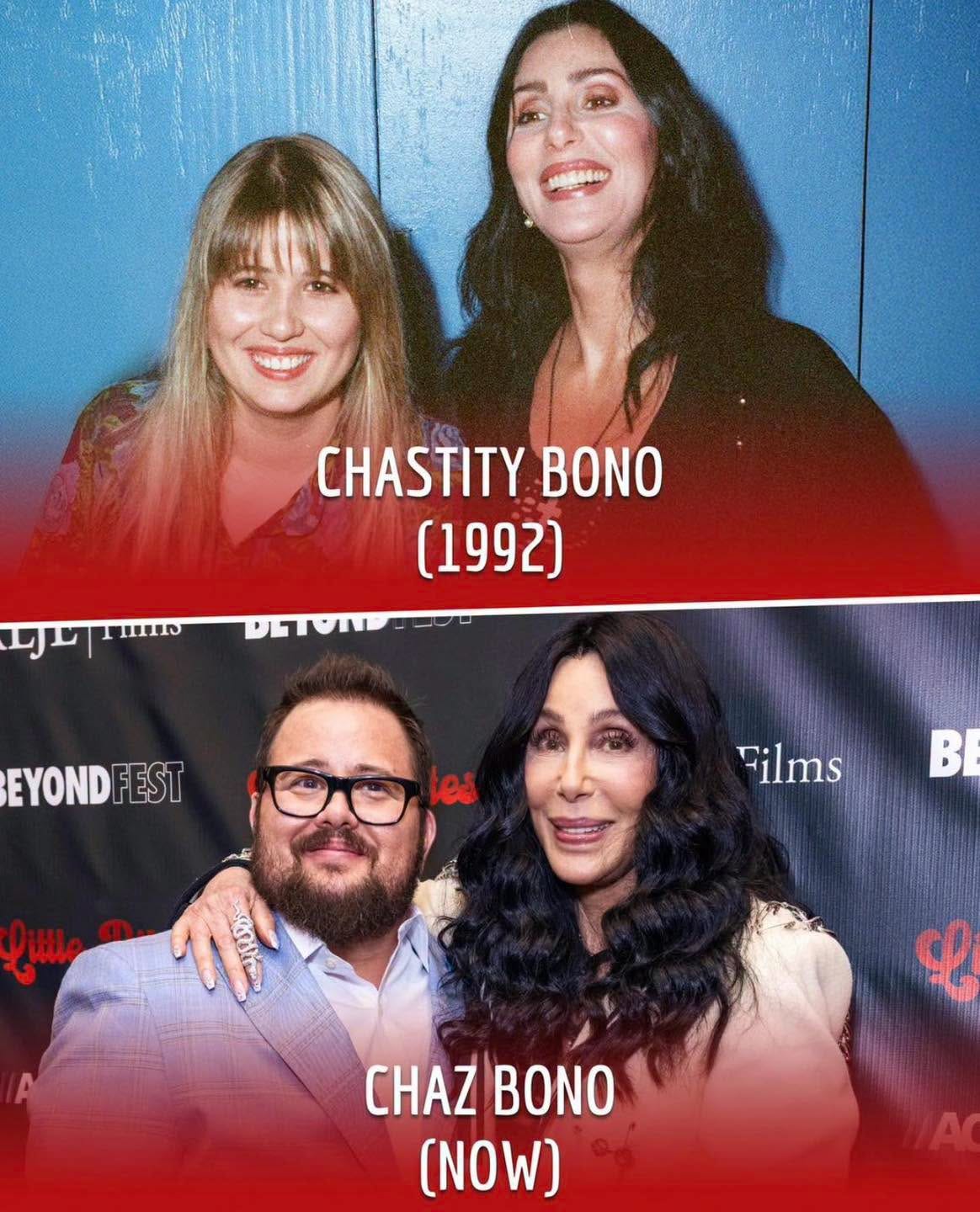 May be an image of ‎one or more people, bangs, people smiling and ‎text that says '‎CHASTITY BONO (1992) পযলाठ 可ン TIII - EYOND EYONDFEST FEST Films BI مسه CHAZ CHAZBONO BONO [NOW]‎'‎‎