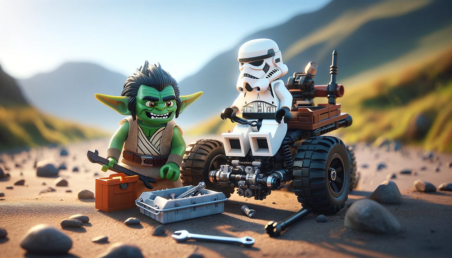 A friendly yet smug Goblin and a Lego Stormtrooper working together outdoors on a small, futuristic-looking vehicle