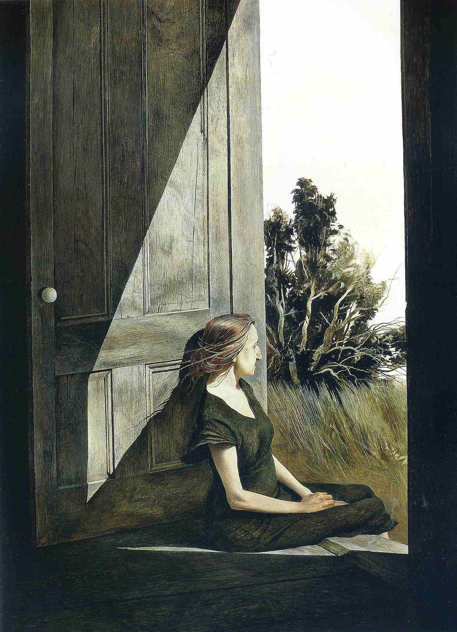 Andrew Wyeth portrait of Christina Olson seated on the stone doorstep of her farmhouse looking out at the field