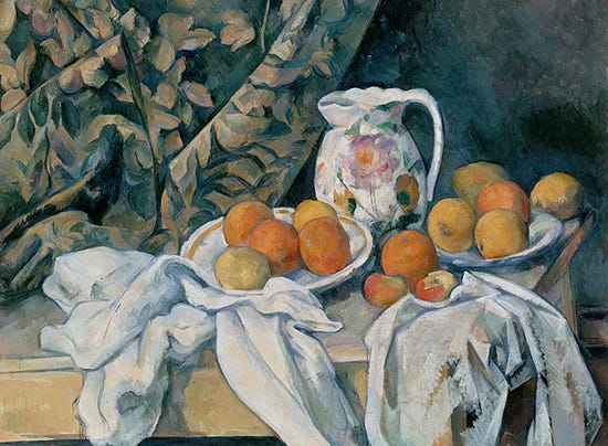 oil painting of fruit and a curtain by Cezanne