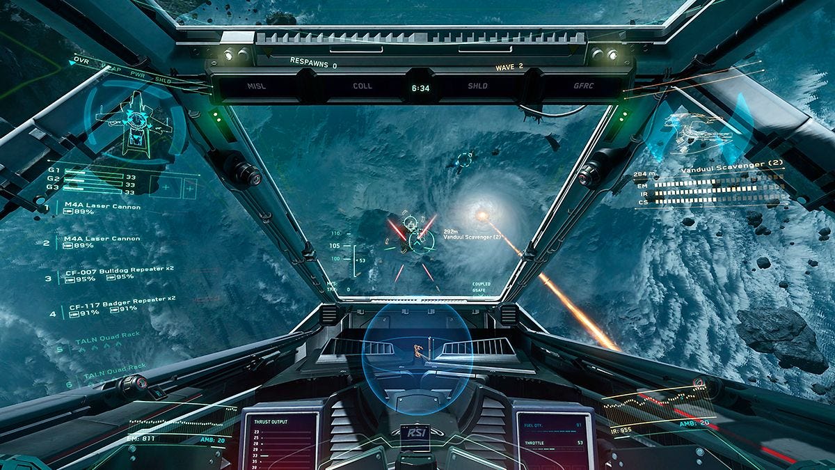2015 image of the cockpit view in Star Citizen, with a holographic UX appearing around the pilot and an alien planet visible outside of the spaceship. 2015 image of the cockpit view in Star Citizen, with a holographic UX appearing around the pilot and an alien planet visible outside of the spaceship.