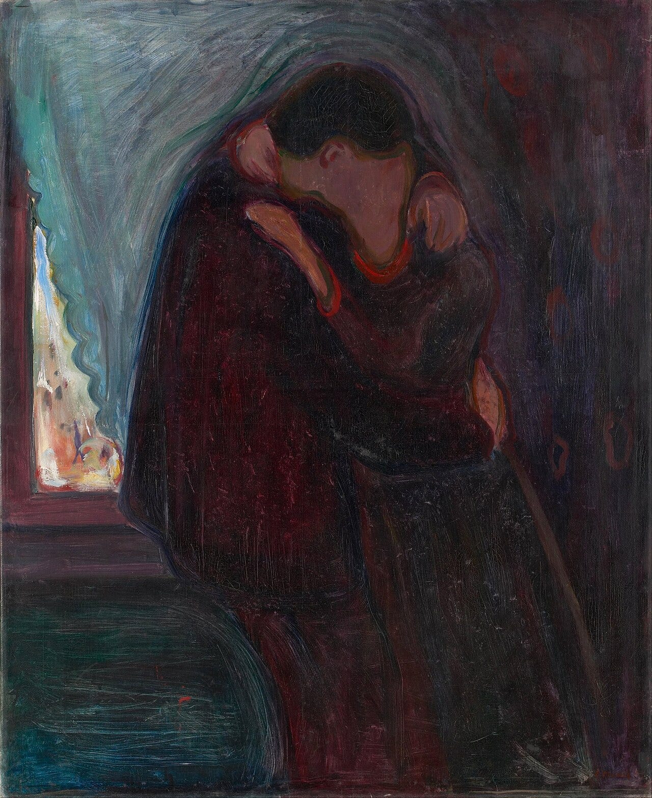 Two lovers at a window, faces melting into one shape Two lovers at a window, faces melting into one shape