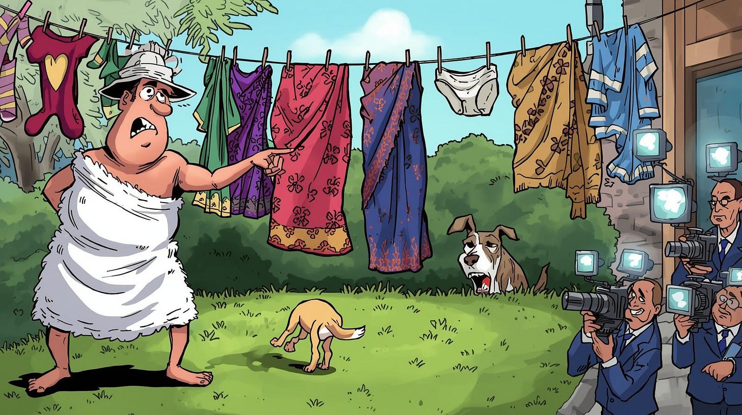 Cartoon of a man in a towel investigating a missing pair of underwear on a clothesline, with a shocked milkman, hiding dog, and TV reporters in the background.