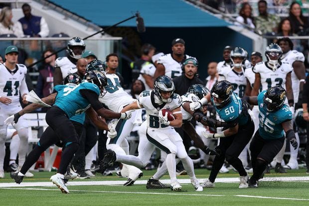 Britain Covey of the Philadelphia Eagles is challenged by Josh Cameron of the Jacksonville Jaguars during a return at Tottenham Hotspur Stadium on Sunday, Oct. 11, 2026, in London. (Ryan Pierse/Getty Images) Britain Covey of the Philadelphia Eagles is challenged by Josh Cameron of the Jacksonville Jaguars during a return at Tottenham Hotspur Stadium on Sunday, Oct. 11, 2026, in London. (Ryan Pierse/Getty Images)
