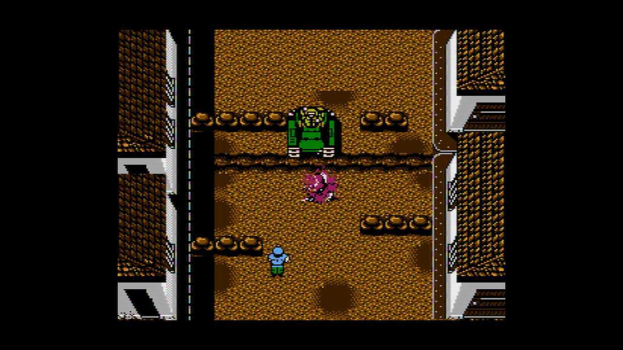 A screenshot of Not Che fighting a tank in the NES version of Guerilla War