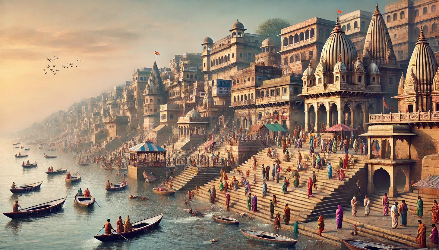 A detailed and realistic landscape image of Dashashwamedh Ghat in Varanasi. Depict the bustling riverbank with numerous pilgrims and locals engaged in various activities like bathing in the holy Ganges River, performing rituals, and offering prayers. The Ghat's steps should lead down to the water, surrounded by temples, shrines, and colorful buildings. Include boats floating on the river, and the overall scene should reflect the spiritual energy and historical significance of the place. The sky can show a soft morning or evening glow, adding to the serene yet vibrant atmosphere.