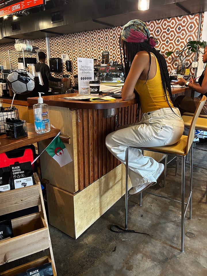 Multiple images of people at a neutral toned cafe, coloring on coloring pages