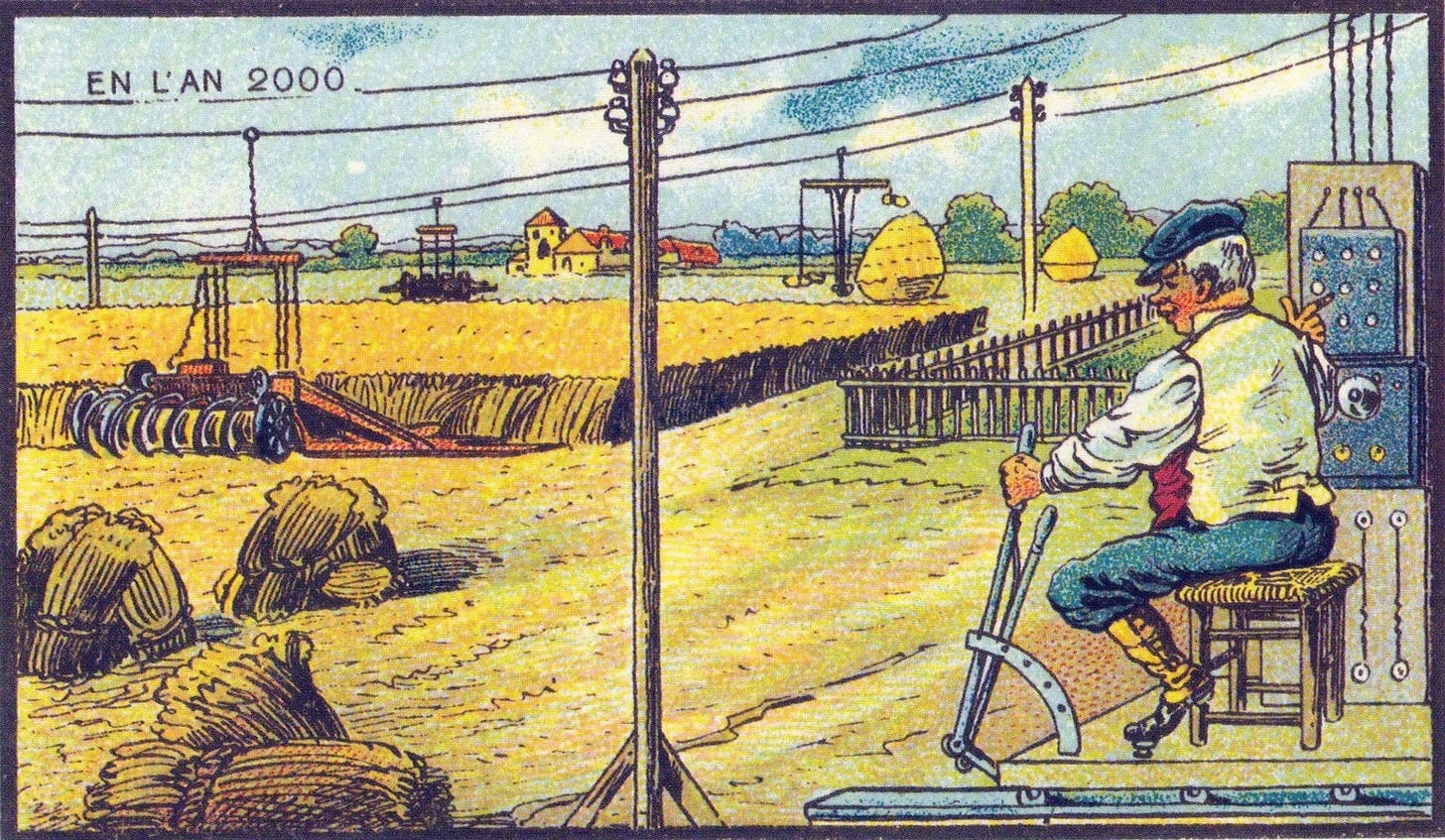 A 1900 French card of a farmer on a stool at a control panel, steering machines across a whole field A 1900 French card of a farmer on a stool at a control panel, steering machines across a whole field