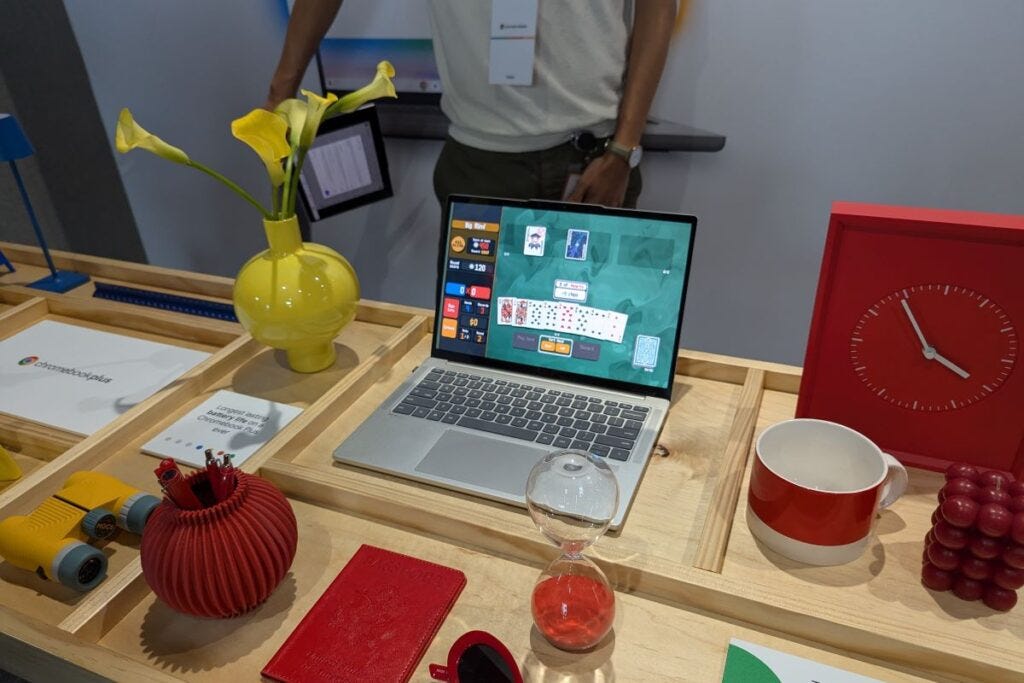 Lenovo Chromebook Plus 14 with card game on screen