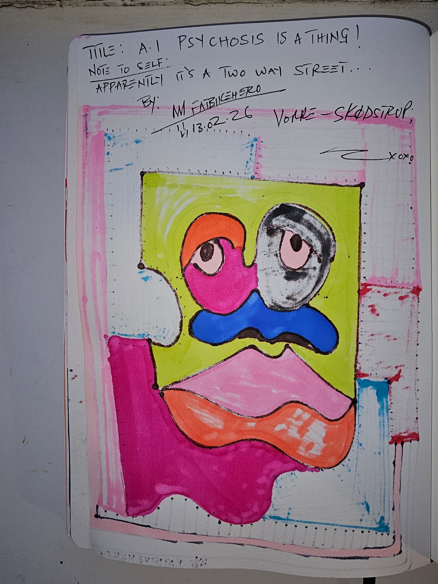 Color-segmented face framed by stitched line patterns representing reciprocal AI-human instability.