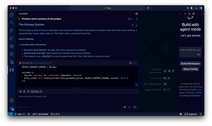 Screenshots of VS Code, showing the Augment Code chat giving detailed answers about the codebase