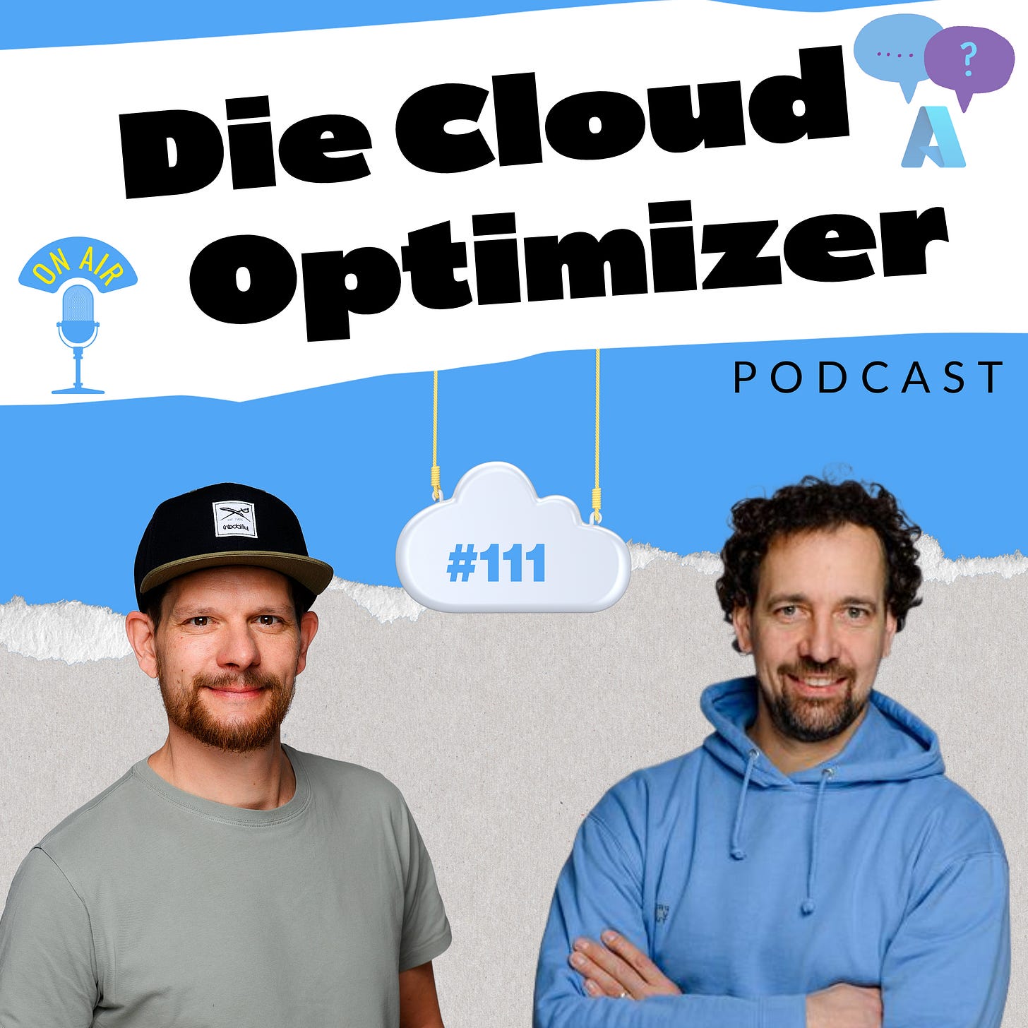 Zwei Hosts des Podcasts „Die Cloud Optimizer“ vor farbigem Hintergrund: Links Matthias mit Cap, rechts Chris im blauen Hoodie. Zwischen ihnen hängt eine weiße Wolke mit der Episodennummer „#111“. Oben steht groß der Titel des Podcasts. Es handelt sich um die 11. Folge der ersten Staffel mit dem Schwerpunkt Azure RBAC.