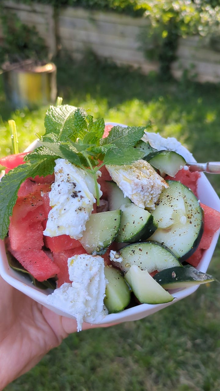 A somewhat chunky version of the salad that I made quickly and you can't quite see the chicken but trust it's there. Also some lovely watermelons from 'Endless Day of Summer' via Unsplash.