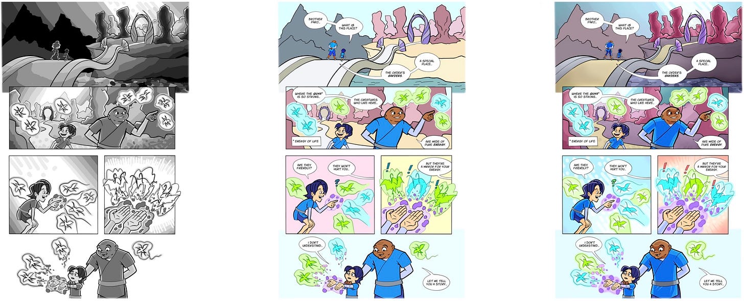 Three versions of page 2 of my anthology story, rendered in values (black and white tones), flat colors, and finished colors (with shading and highlights). 