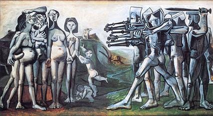 Picasso's Massacre in Korea, armored figures aiming weapons at unarmed civilians Picasso's Massacre in Korea, armored figures aiming weapons at unarmed civilians