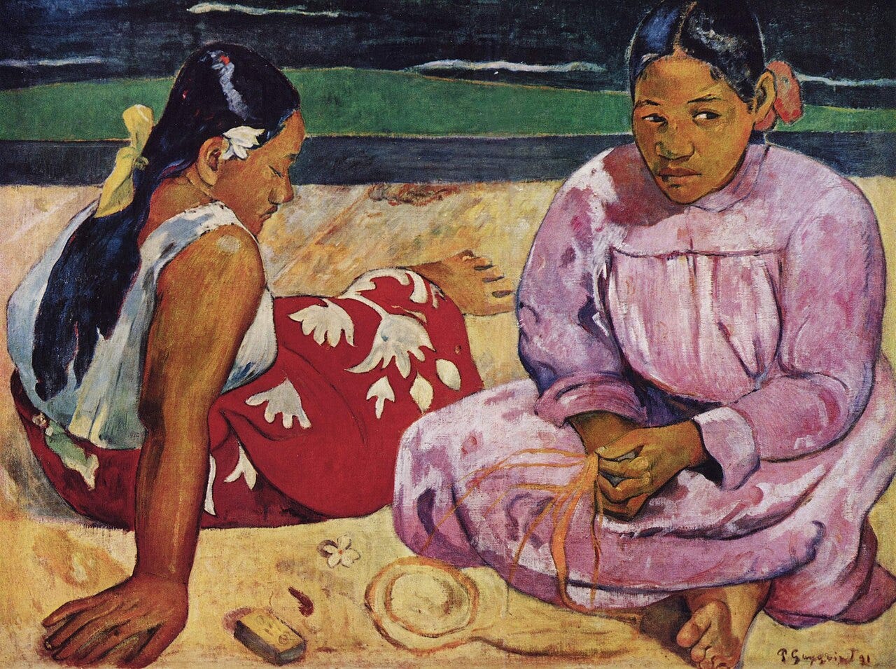 Gauguin's Tahitian Women on the Beach, two women seated on the sand near the shore Gauguin's Tahitian Women on the Beach, two women seated on the sand near the shore