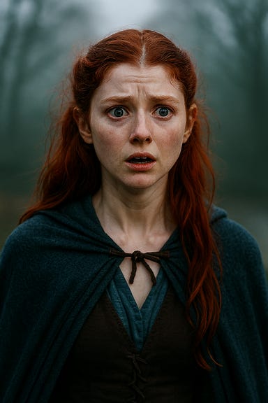 Ireena, visually inspired by Thomasin McKenzie with bright red hair, stands in the misty streets of Vallaki, her expression frozen in horror. Her crimson coat is slightly disheveled, and her eyes are wide, glassy, as if the world has just shifted beneath her. One hand clutches a scorched parchment, the other trembles at her side. Behind her, the lantern-lit silhouette of the Blue Water Inn glows faintly, while the looming shadow of Wachterhaus fades into the mist. The atmosphere is tense and emotional, capturing the moment she learns Izek Strazni is her brother.