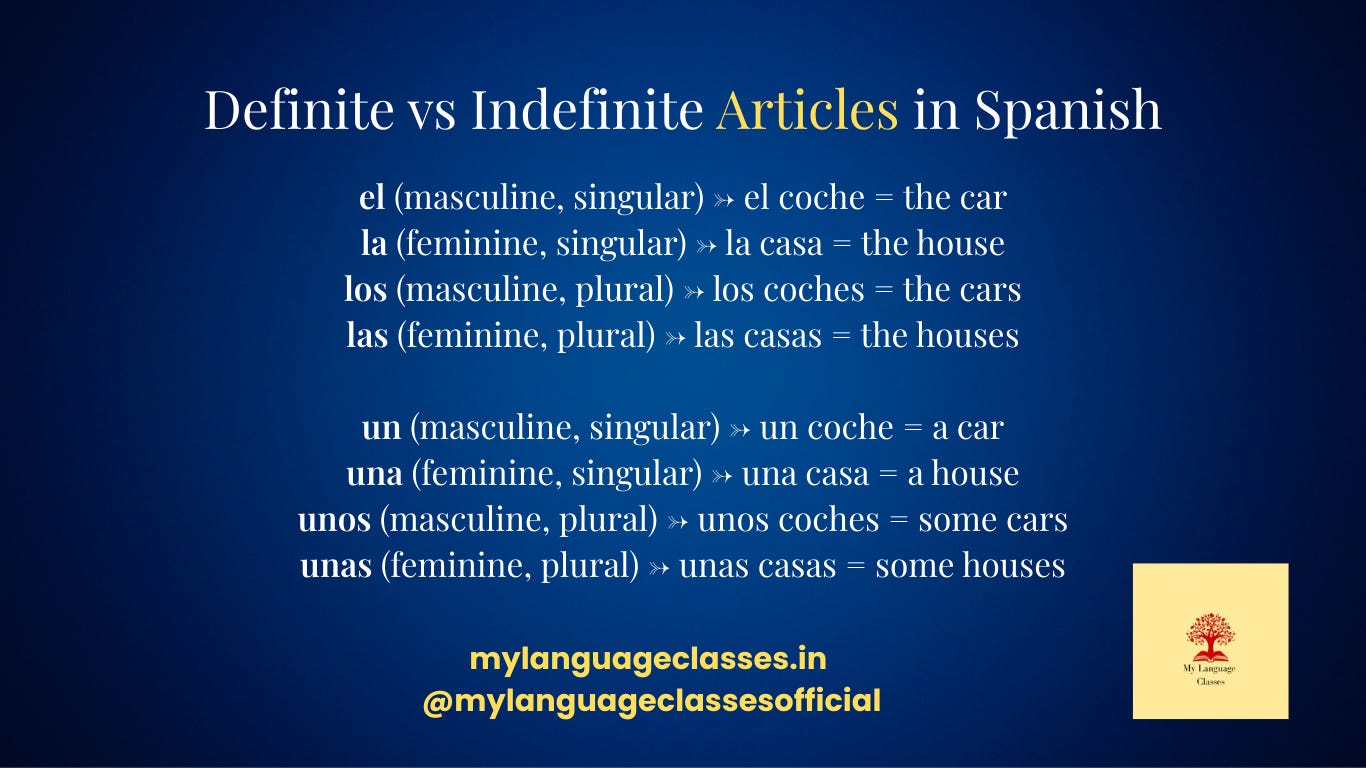 Definite vs Indefinite Articles in Spanish explained with examples: el, la, los, las, un, una, unos, unas. Learn the difference between masculine, feminine, singular, and plural articles in Spanish. My Language Classes. Definite vs Indefinite Articles in Spanish explained with examples: el, la, los, las, un, una, unos, unas. Learn the difference between masculine, feminine, singular, and plural articles in Spanish. My Language Classes.