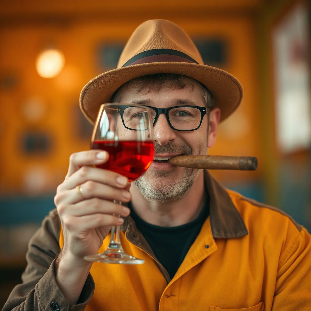 enthusiastic 35-year-old Caucasian man with vivid color casual clothes wearing a hat, holding a huge glass of red wine in his hands. and smoking a cigar, wearing contrasting vivid color accessories reflecting happiness iso enthusiastic 35-year-old Caucasian man with vivid color casual clothes wearing a hat, holding a huge glass of red wine in his hands. and smoking a cigar, wearing contrasting vivid color accessories reflecting happiness iso